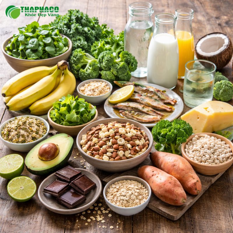 Nên bổ sung magie, kali, canxi từ chuối, bơ, rau xanh đậm và uống đủ nước