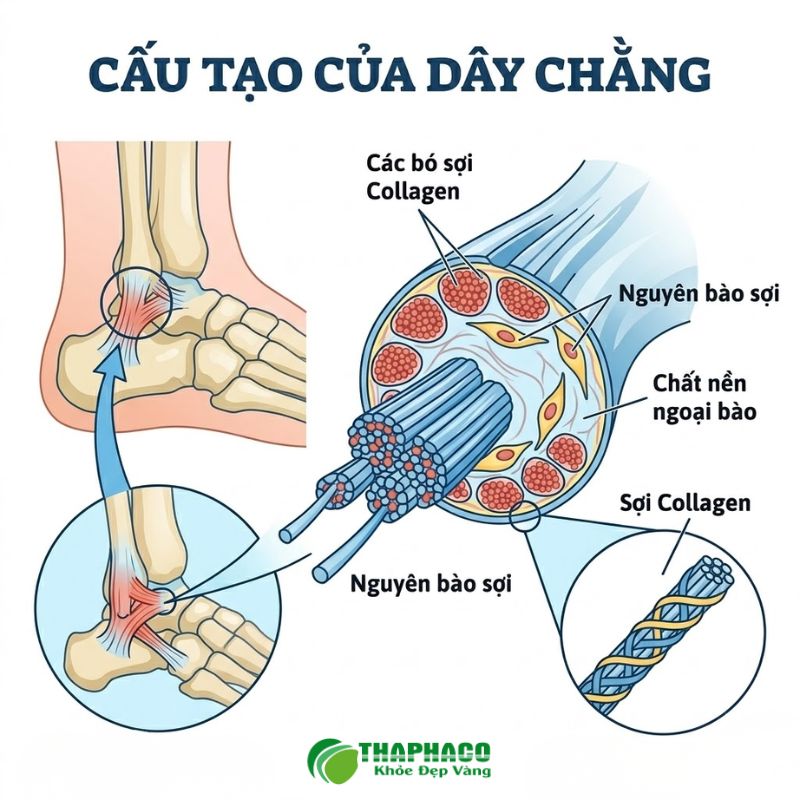 Dây chằng cấu tạo từ collagen, liên kết xương với xương