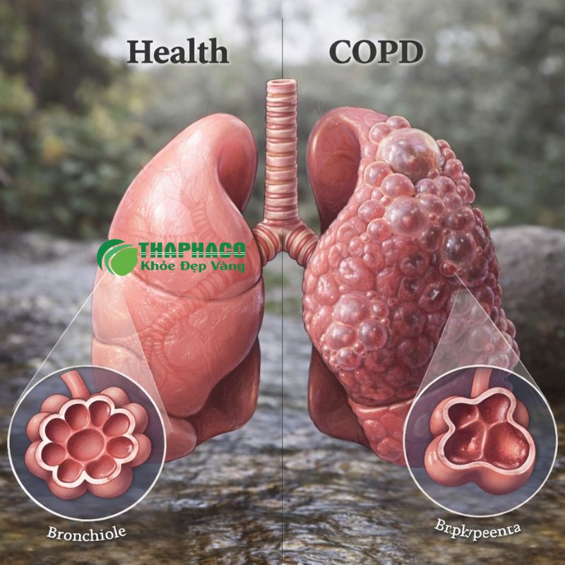 COPD là một nhóm bệnh lý hô hấp mạn tính đặc trưng bởi sự tắc nghẽn luồng khí kéo dài